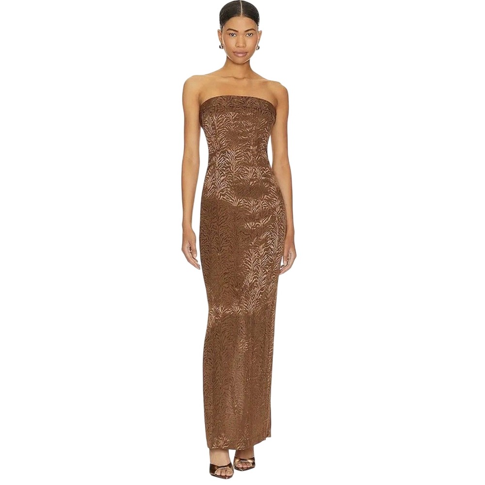 NWT Lovers + Friends Amalia Brown Satin Strapless Maxi‎ Gown Size M Revolve Read